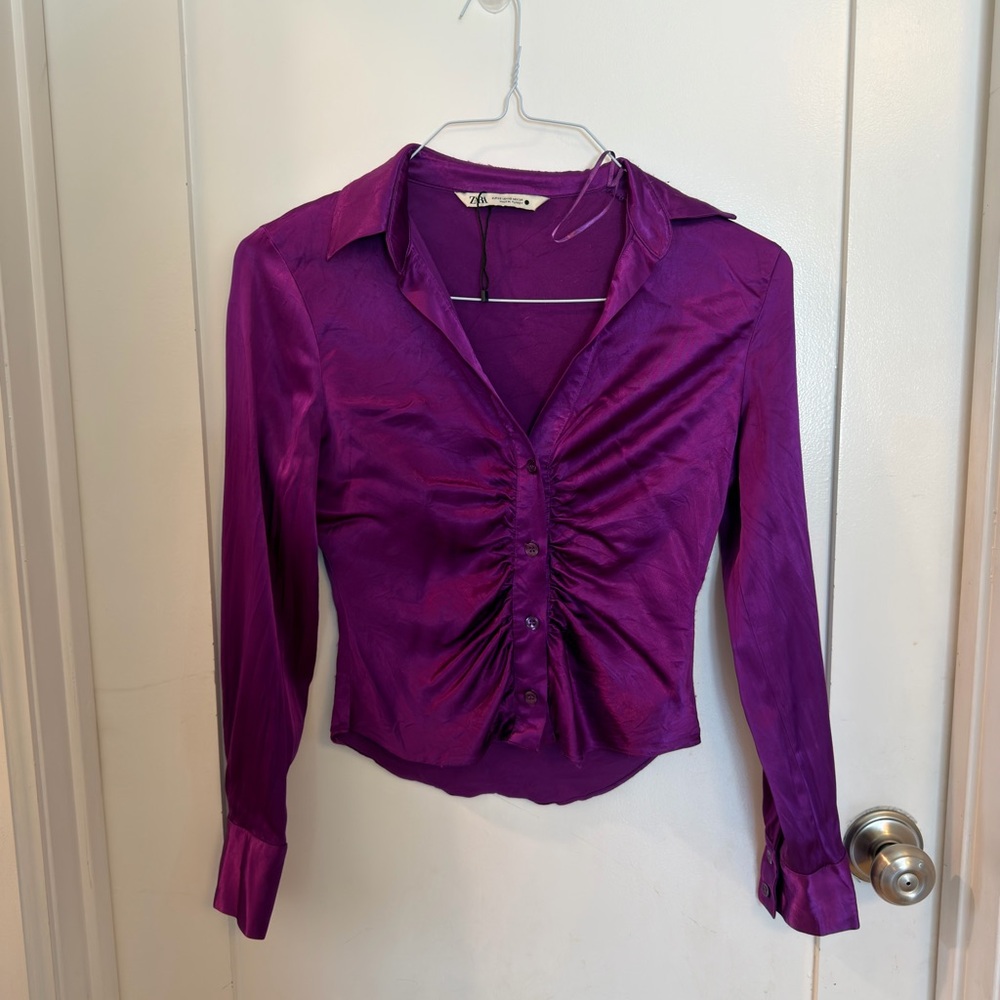 Zara Purple Satin Ruched Button-Down Top